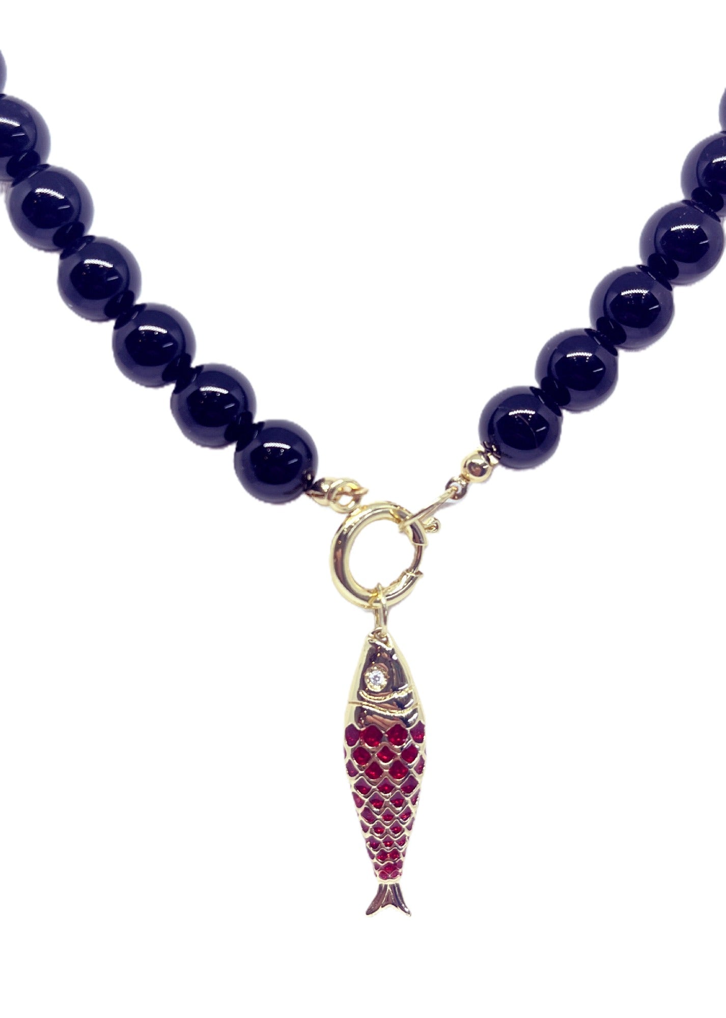 Collar piedras naturales onix, colgante pez baño oro amarillo