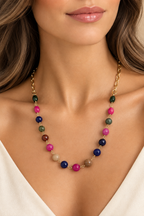 Collar piedras naturales multicolor baño oro amarillo