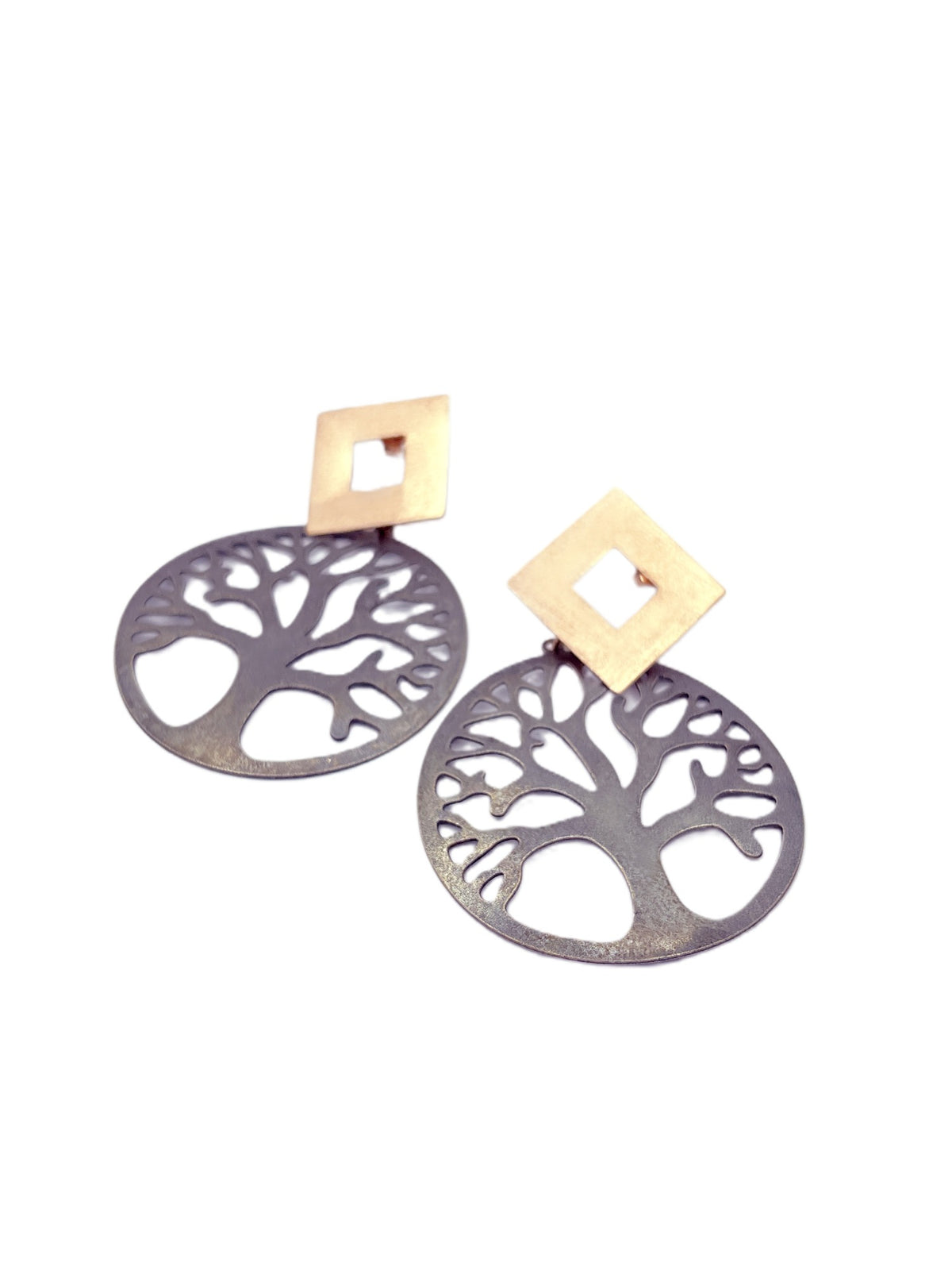 Aros árbol de la vida con baño de oro rosado y peltre, 35 mm