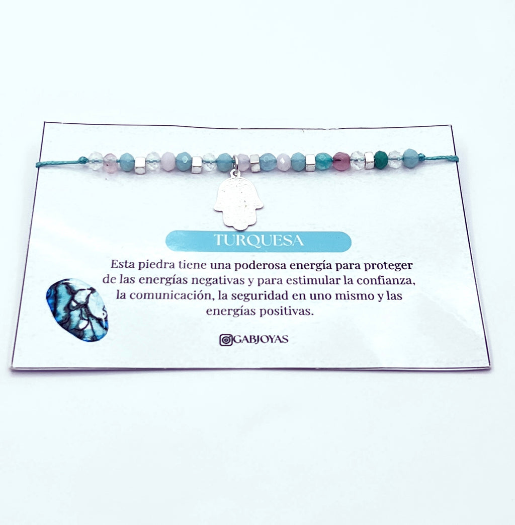 Pulsera mano de Fátima turquesa con cristales de 4 mm y baño de plata