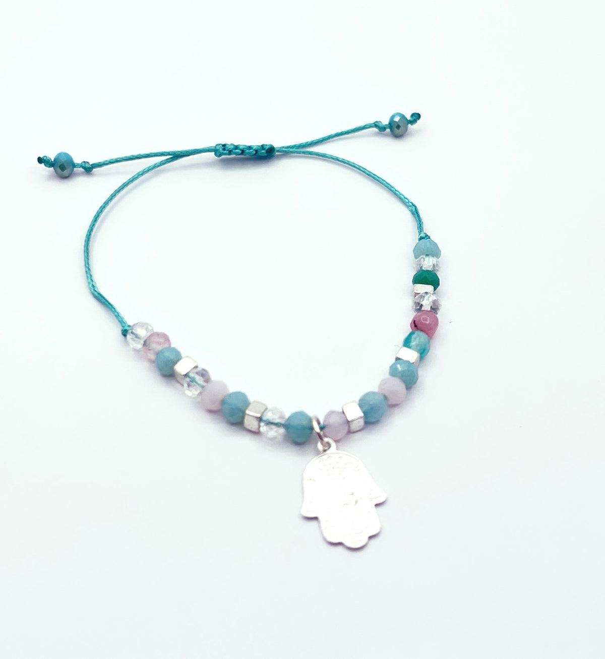 Pulsera mano de Fátima turquesa con cristales de 4 mm y baño de plata