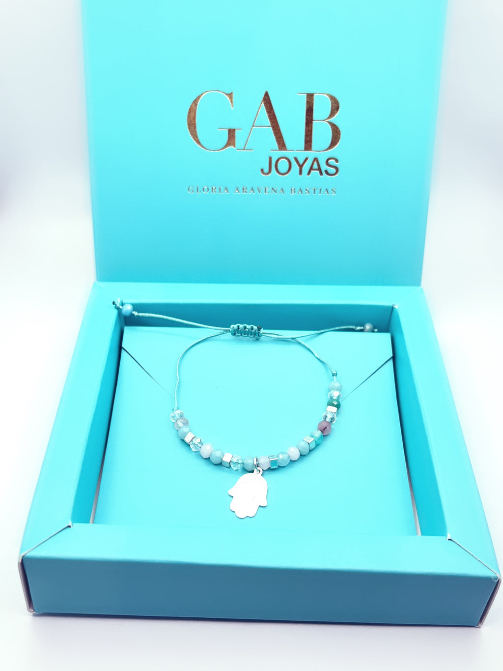 Pulsera mano de Fátima turquesa con cristales de 4 mm y baño de plata