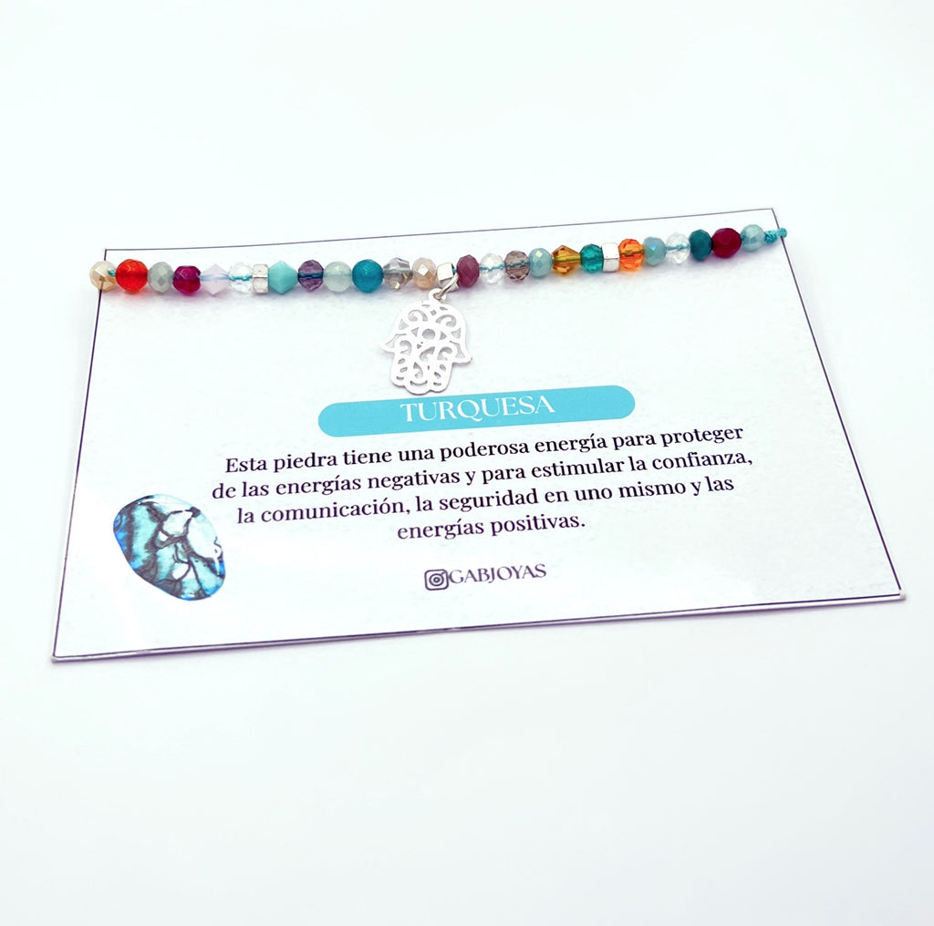 Pulsera mano de Fátima multicolor con cristales de 4 mm y baño de plata