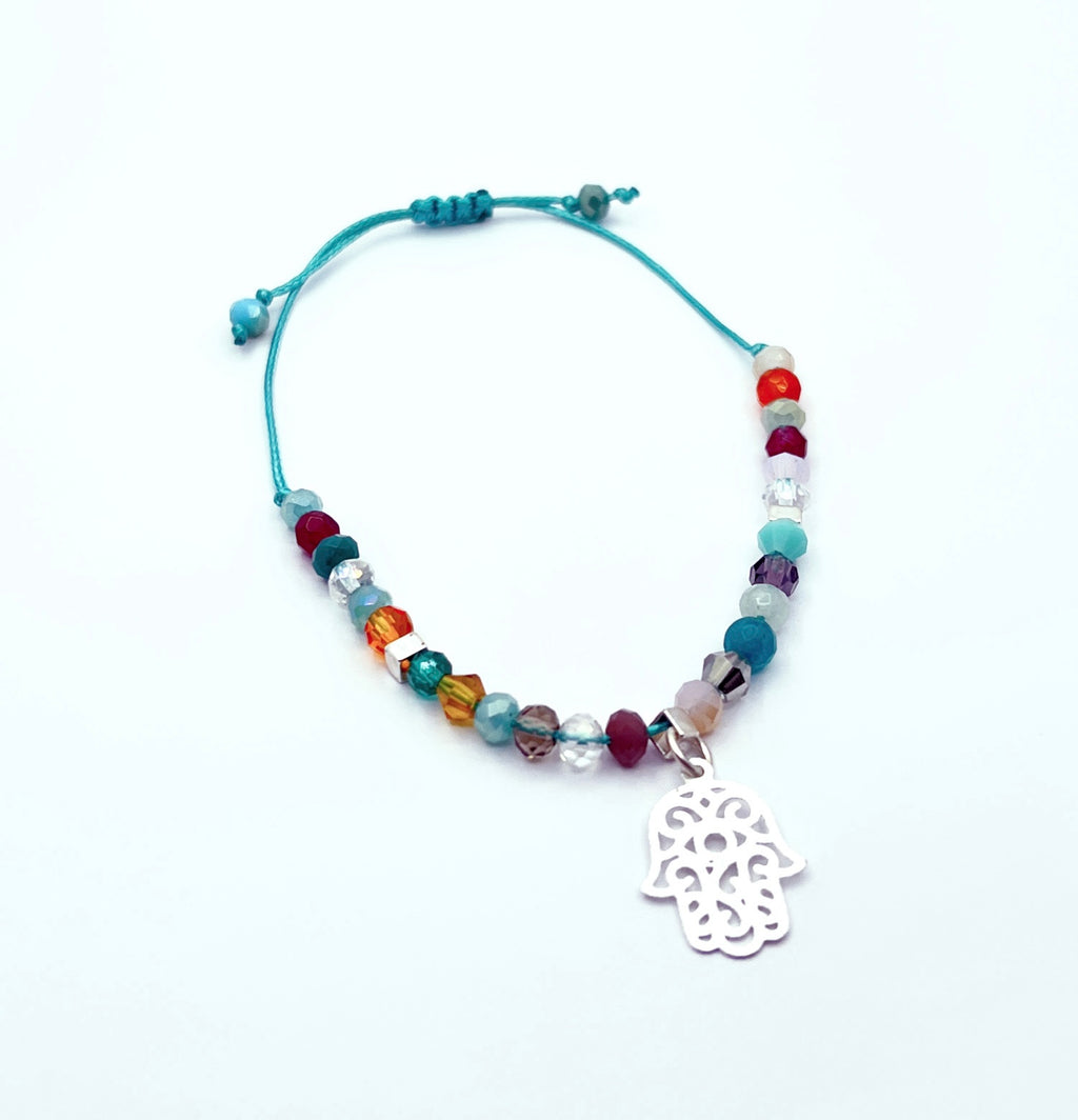 Pulsera mano de Fátima multicolor con cristales de 4 mm y baño de plata