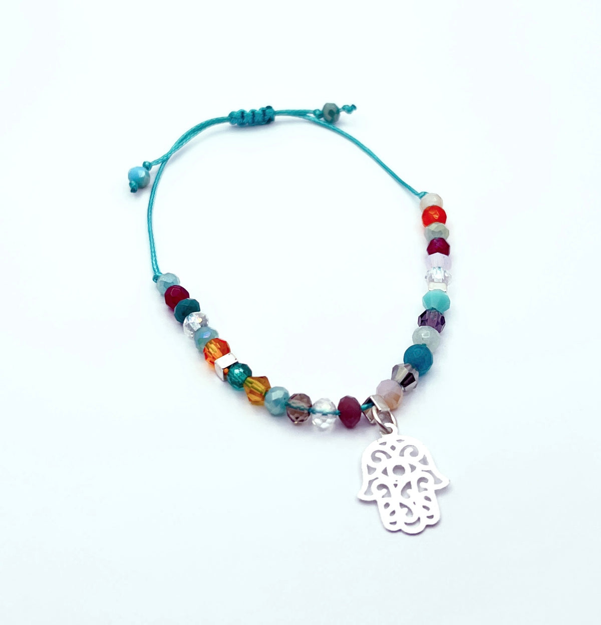 Pulsera mano de Fátima multicolor con cristales de 4 mm y baño de plata