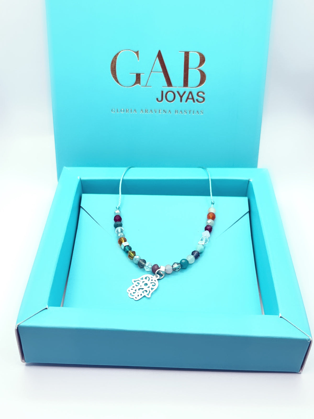Pulsera mano de Fátima multicolor con cristales de 4 mm y baño de plata