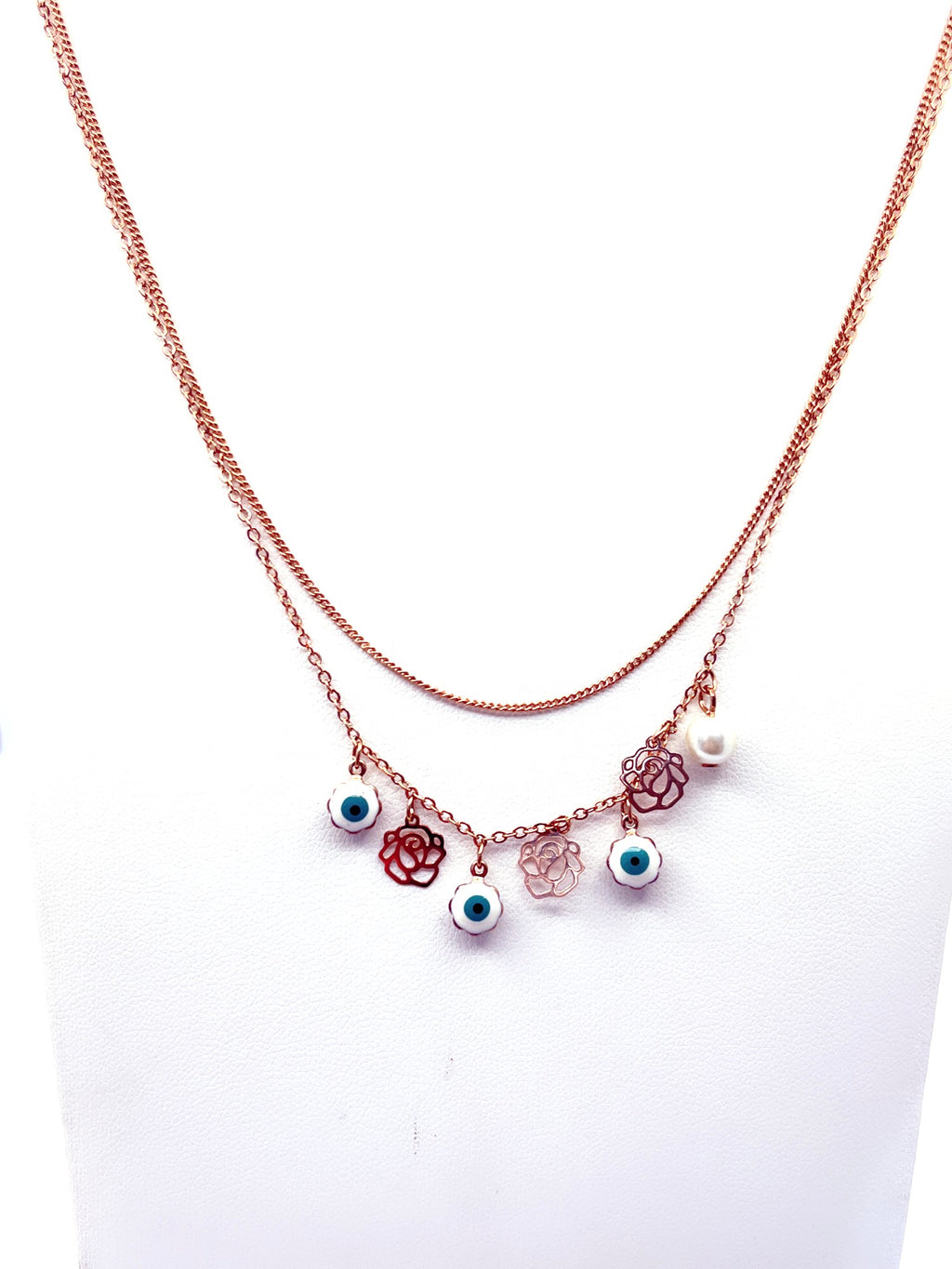 Collar flores y ojo turco baño oro rosado