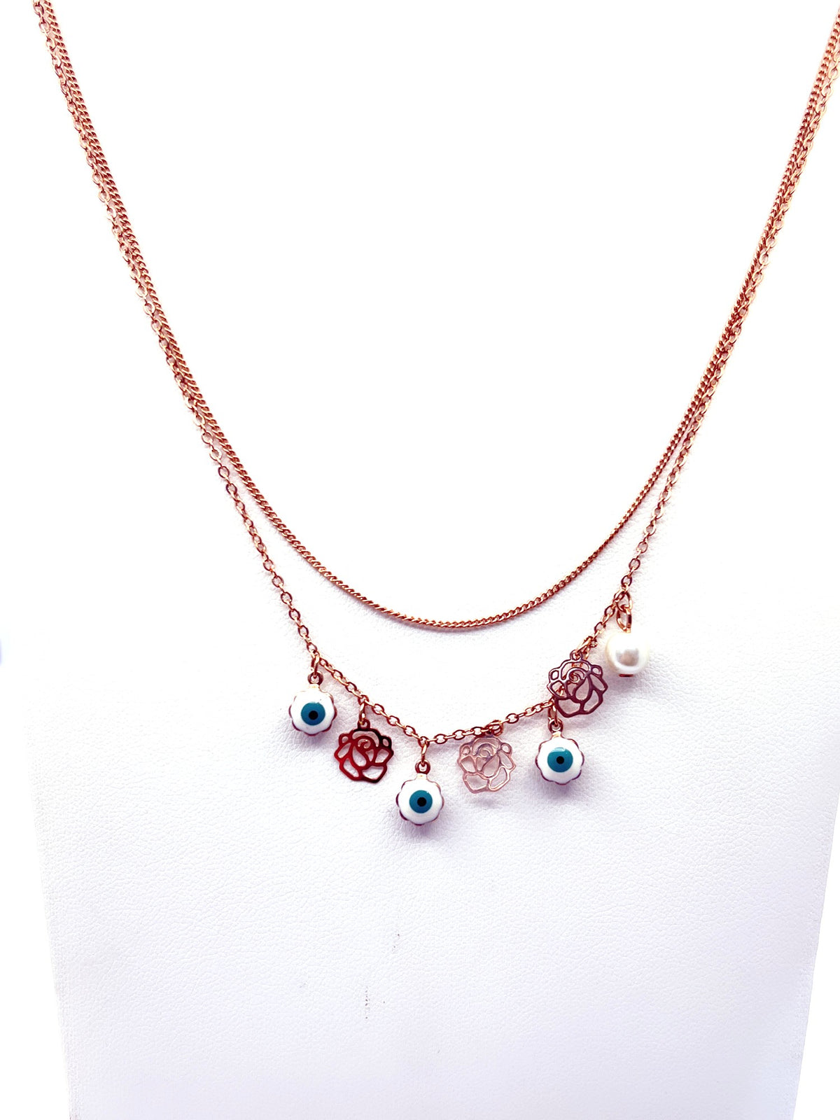 Collar flores y ojo turco baño oro rosado