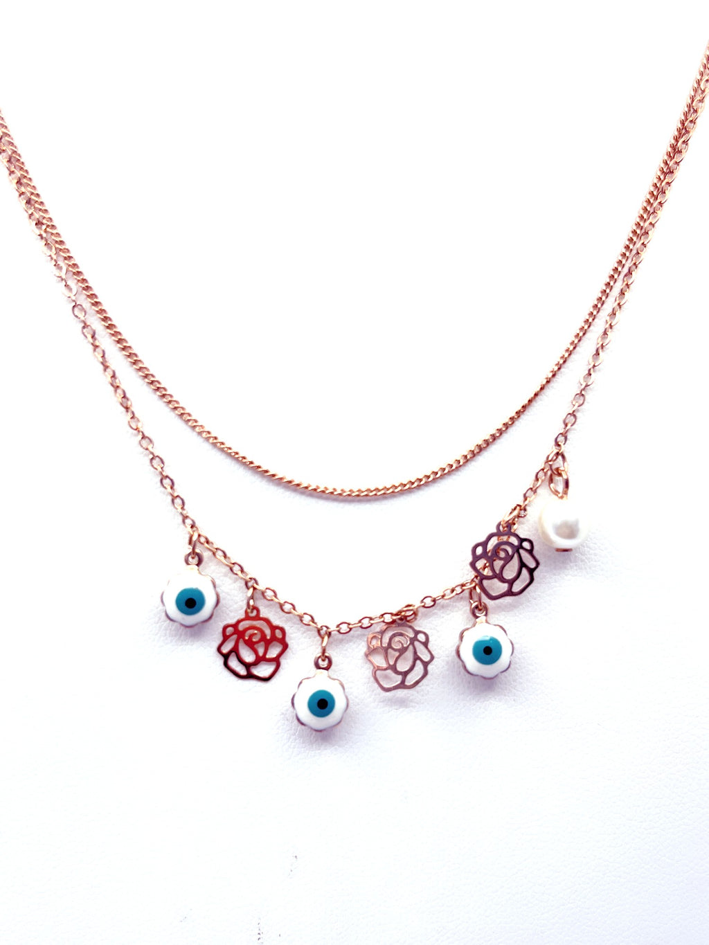 Collar flores y ojo turco baño oro rosado