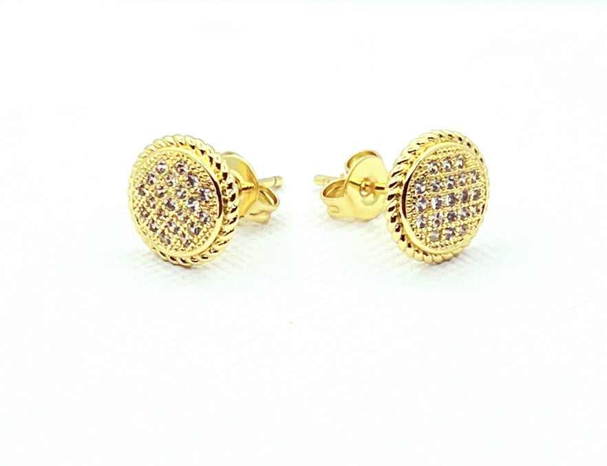 Aros botón con microcircones y baño de oro amarillo, 12 mm
