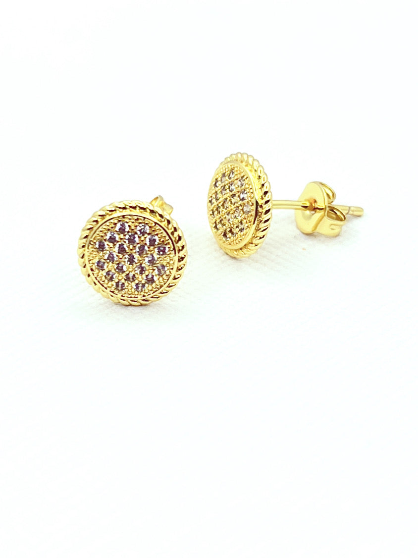 Aros botón con microcircones y baño de oro amarillo, 12 mm