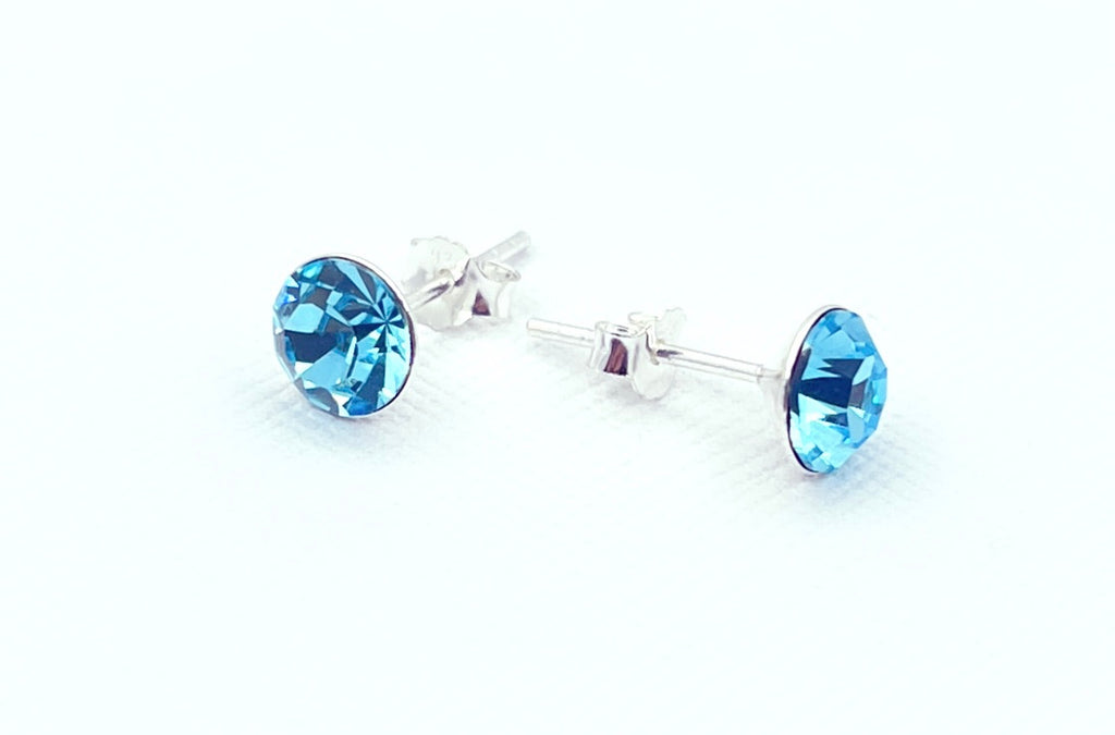 Aros de cristal aguamarina con base de plata 925, 6 mm