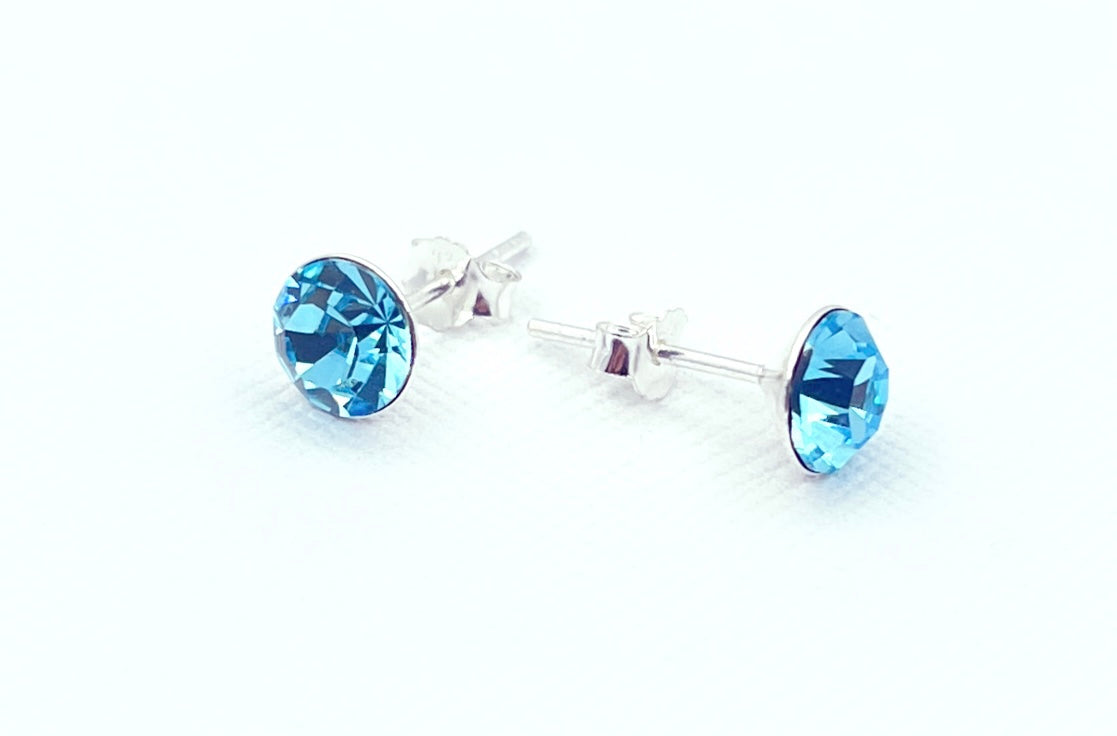 Aros de cristal aguamarina con base de plata 925, 6 mm