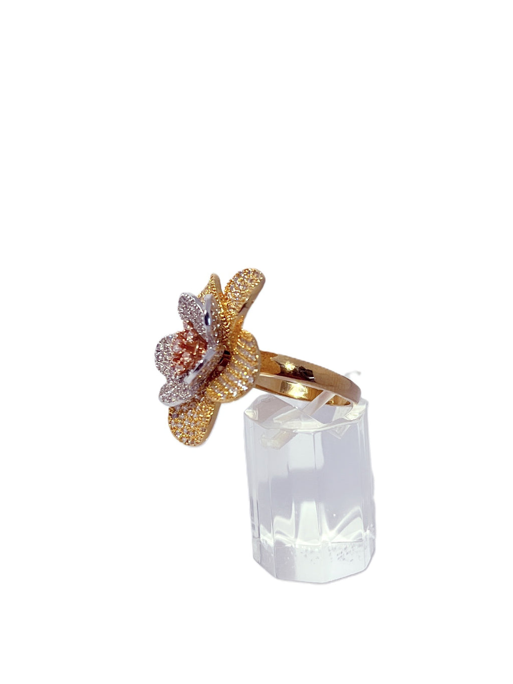Anillo flor baño oro blanco y amarillo microcircones